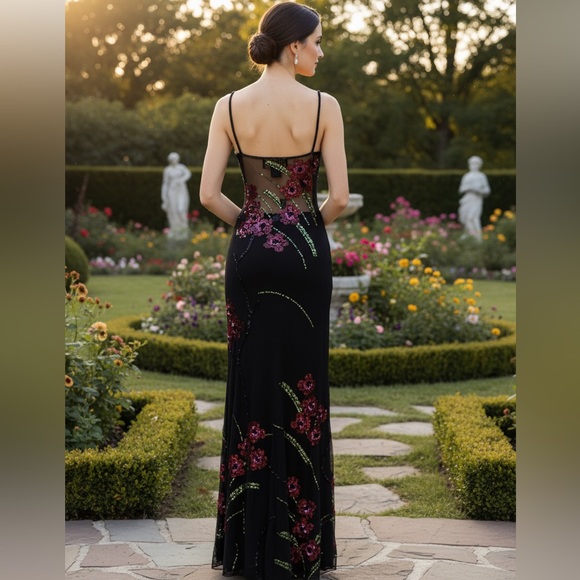 Black hand beaded designer Floral Evening Slip Dress - Picture 6 of 11